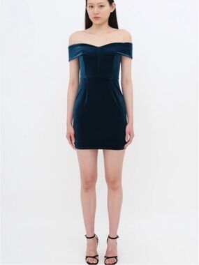 Nicholas Blue Velvet Mini Dress Off the Shoulder